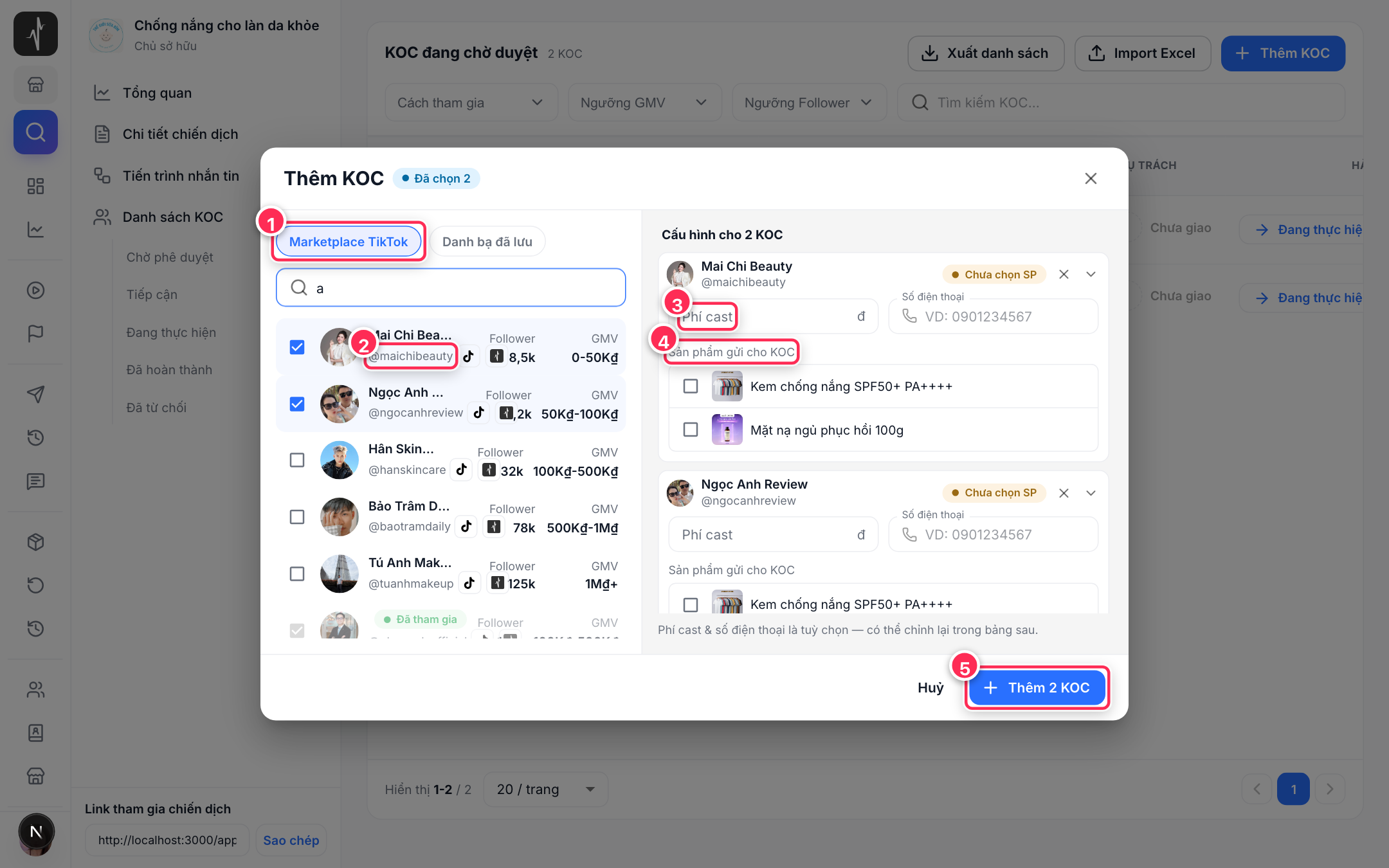 Dialog Thêm KOC trong chiến dịch