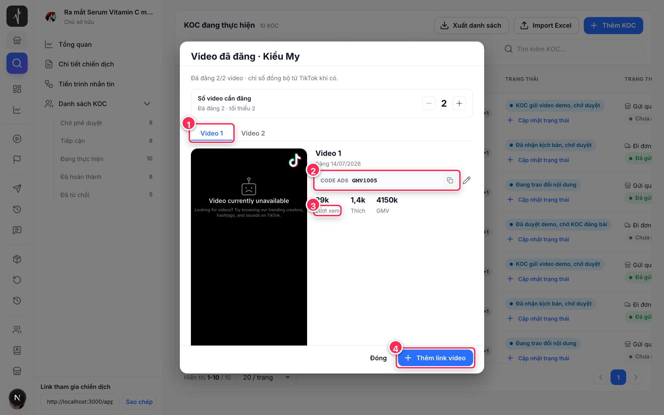 Dialog Video đã đăng của KOC